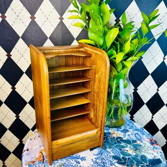 Teak Tambour Door Vintage Desktop Organizer| Recipe Card or Letter Holder - Picture 11 of 17